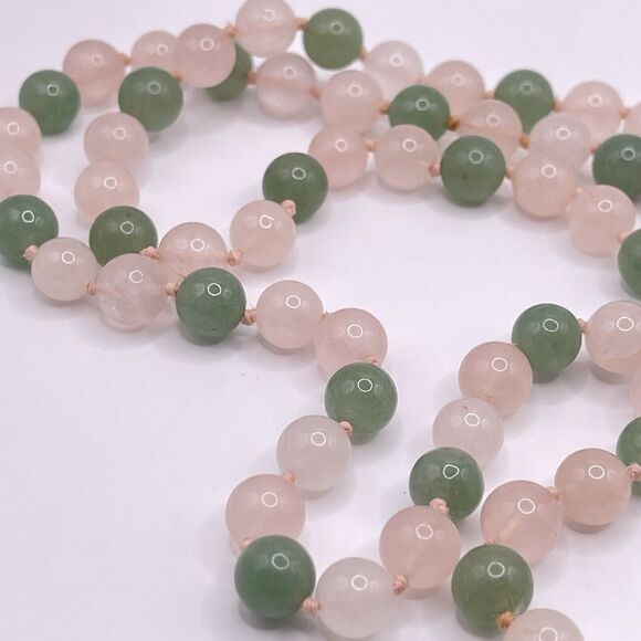 Vintage Rose Quartz Jade Hand Knotted Stone Beaded Necklace 32" Long Pink Green - Picture 8 of 8